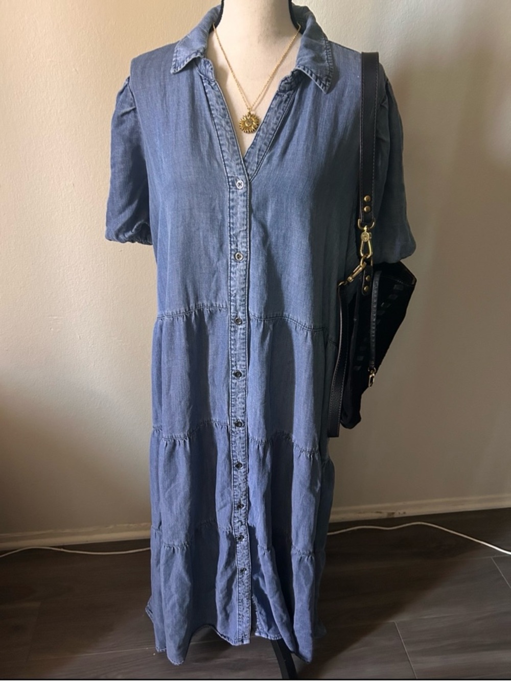 Chambray Button Down Midi Dress Denim Festival Babydoll Boho Western Indie 3X